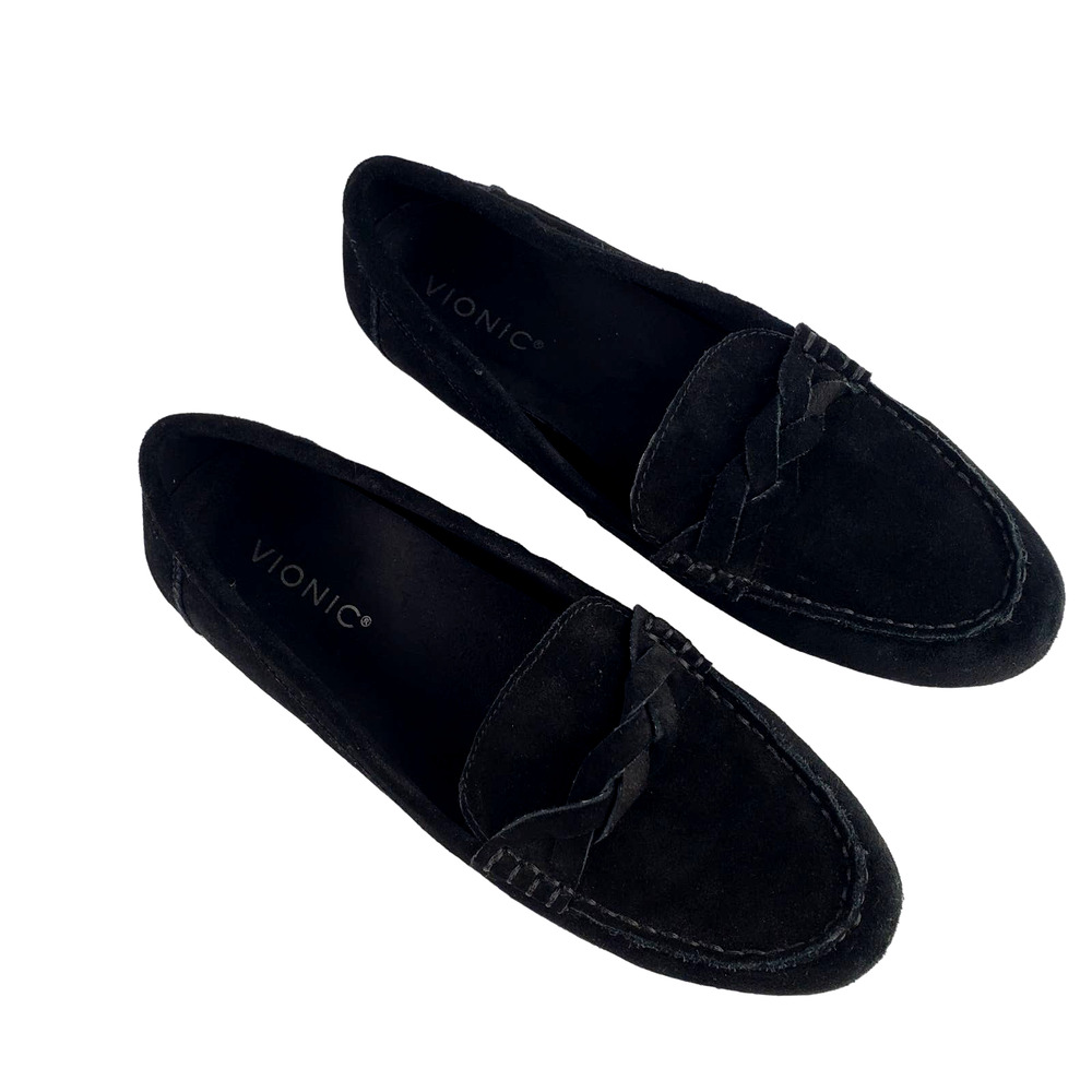 Vionic Montara Womens 9.5 Black Suede Loafers Driving Shoes Slip On Braid Accent